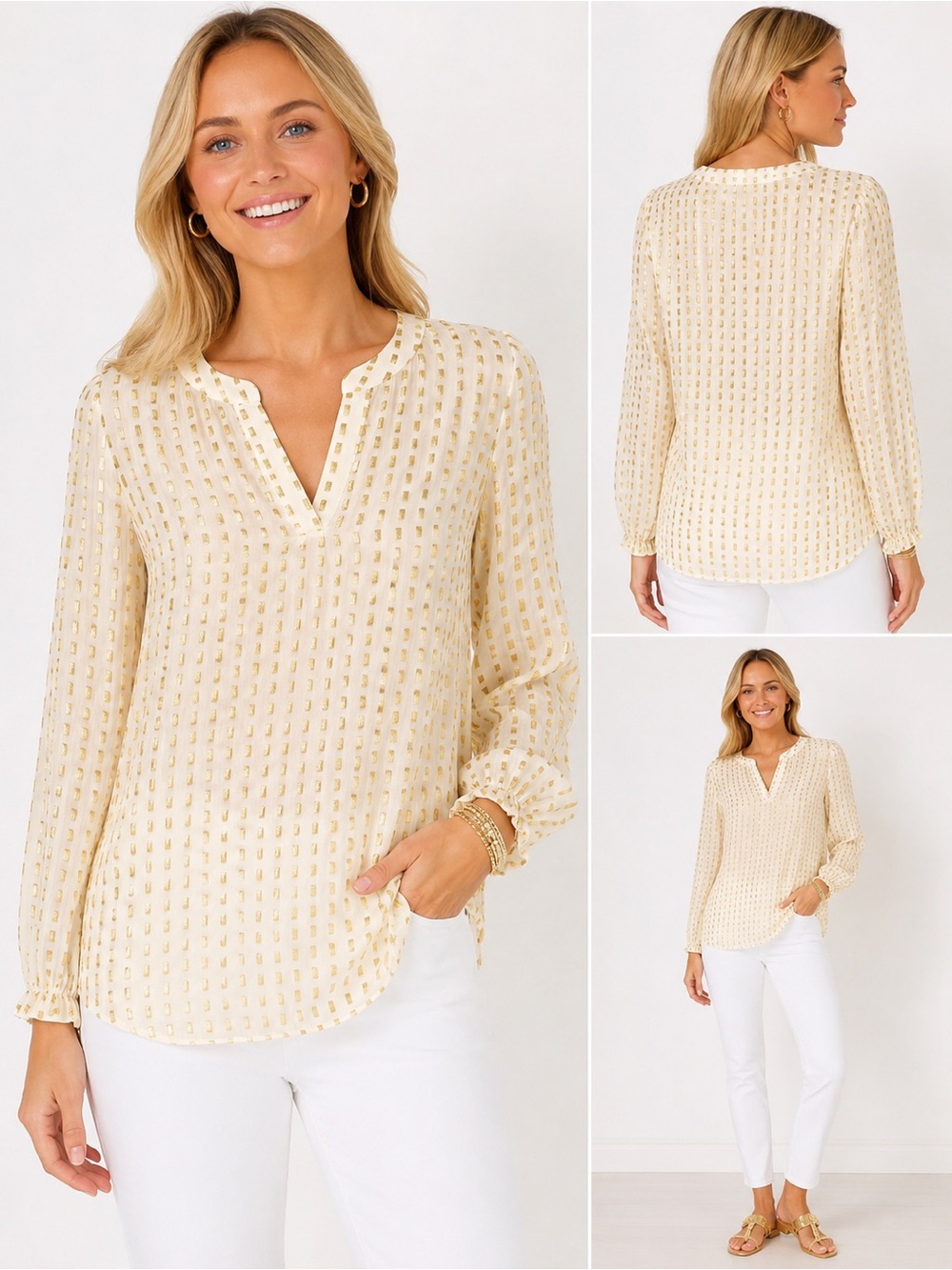 Lily Pulitzer Ellarey Coconut Fish Clip Silk Blouse XL Ivory Gold Metallic